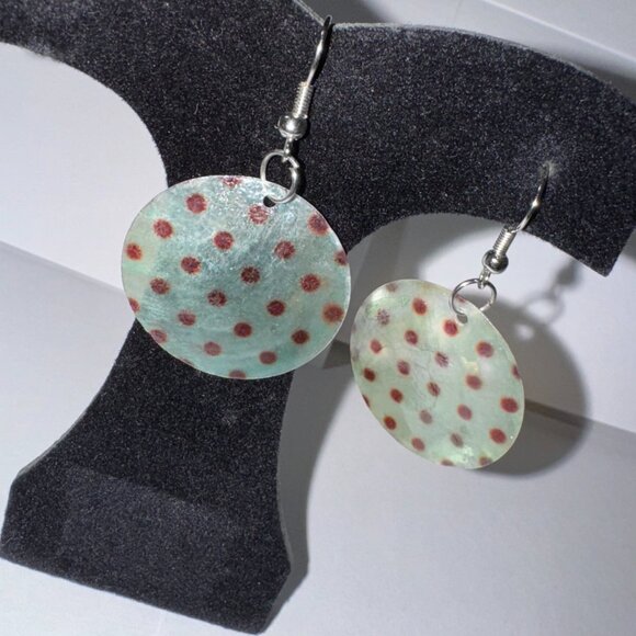 Round Blue and Brown Capiz Shell Dangle Earrings - Picture 3 of 8